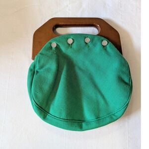 Vintage 60s Green Bermuda  Handbag Wooden Top Handle Button Accents